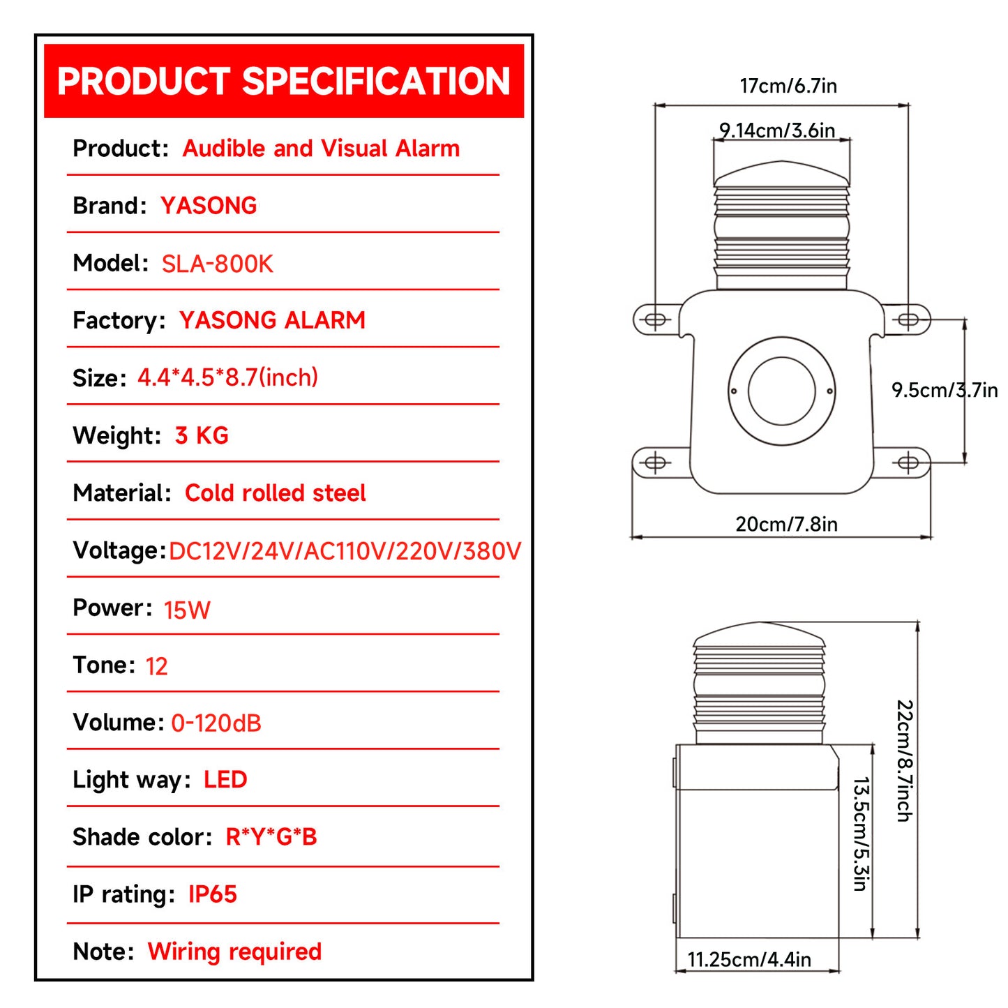 YASONG Discrete Signal Triggered Security Siren Alarm 120dB Horn Contact Alarm Siren with Strobe Light Adjust Sound SLA-800K
