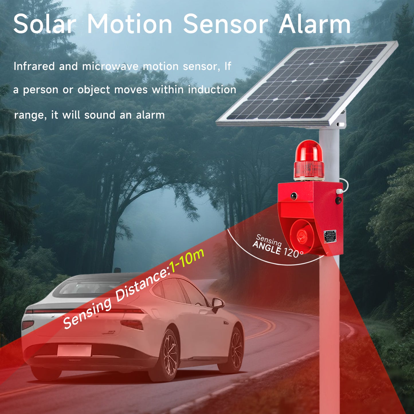 YASONG Solar Outdoor Alarm Siren with Sensor 120dB Horn Motion Detector Alarm System with Strobe Light, Adjustable Volume and Tone SLA-02WS-P