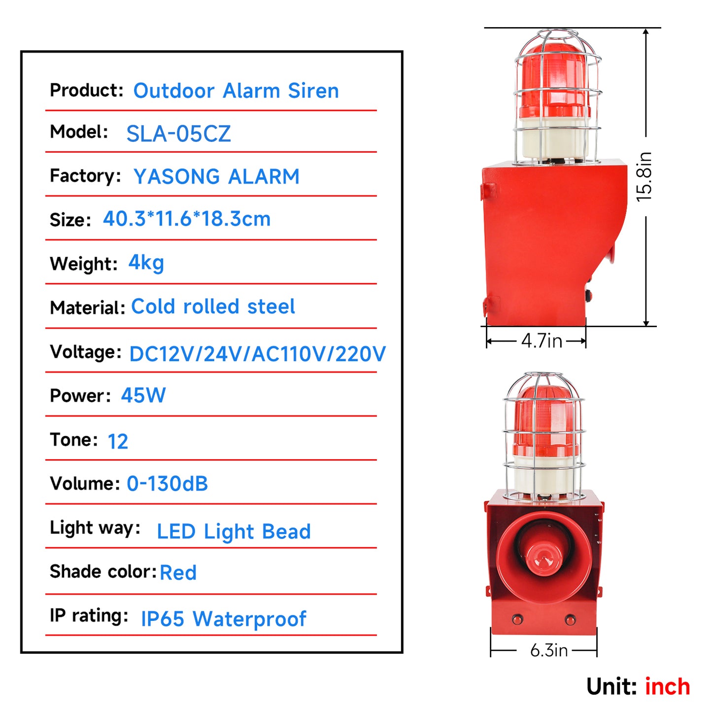 YASONG Siren Alarm with Button Control Box Adjust 130dB Horn 45w Waterproof Indoor Outdoor Industrial Safety Siren with Red Beacon Light SLA-05CZ