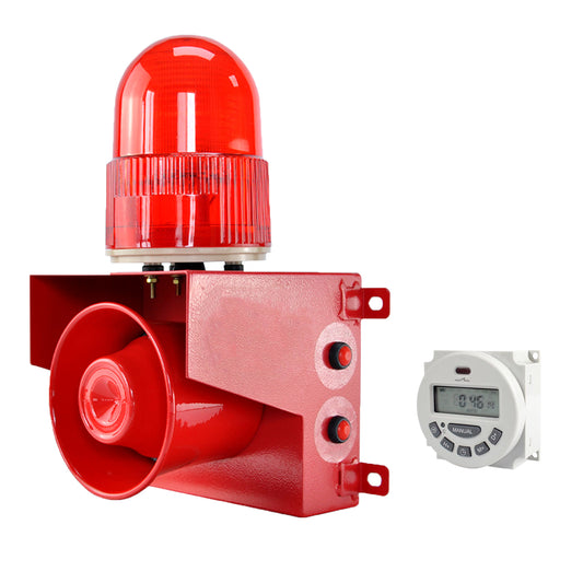 YASONG Timeable Alarm Siren Waterproof 120dB Horn Emergency Security Sirens with Timer, LED Strobe Light for Factory Workshop School SLA-01T1