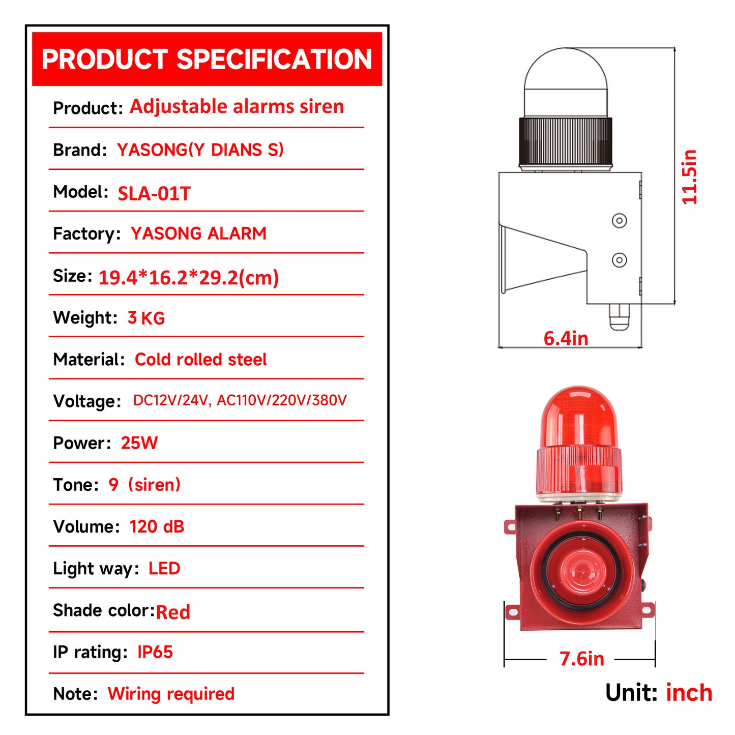 YASONG Alarm Siren Adjustable Tone Volume 120dB Loud Horn 25W Outdoor Security Siren with LED Strobe Light for Port, Dock and Reservoir SLA -01T