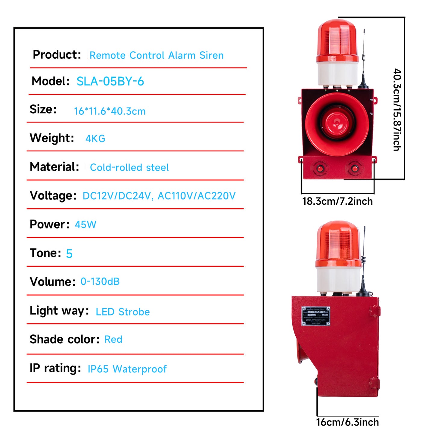 2000m Long-Range Wireless Remote Industrial Siren – 130dB Outdoor Alarm with Multi-Tone & Strobe, Heavy-Duty Security Horn (SLA-05BY-6)
