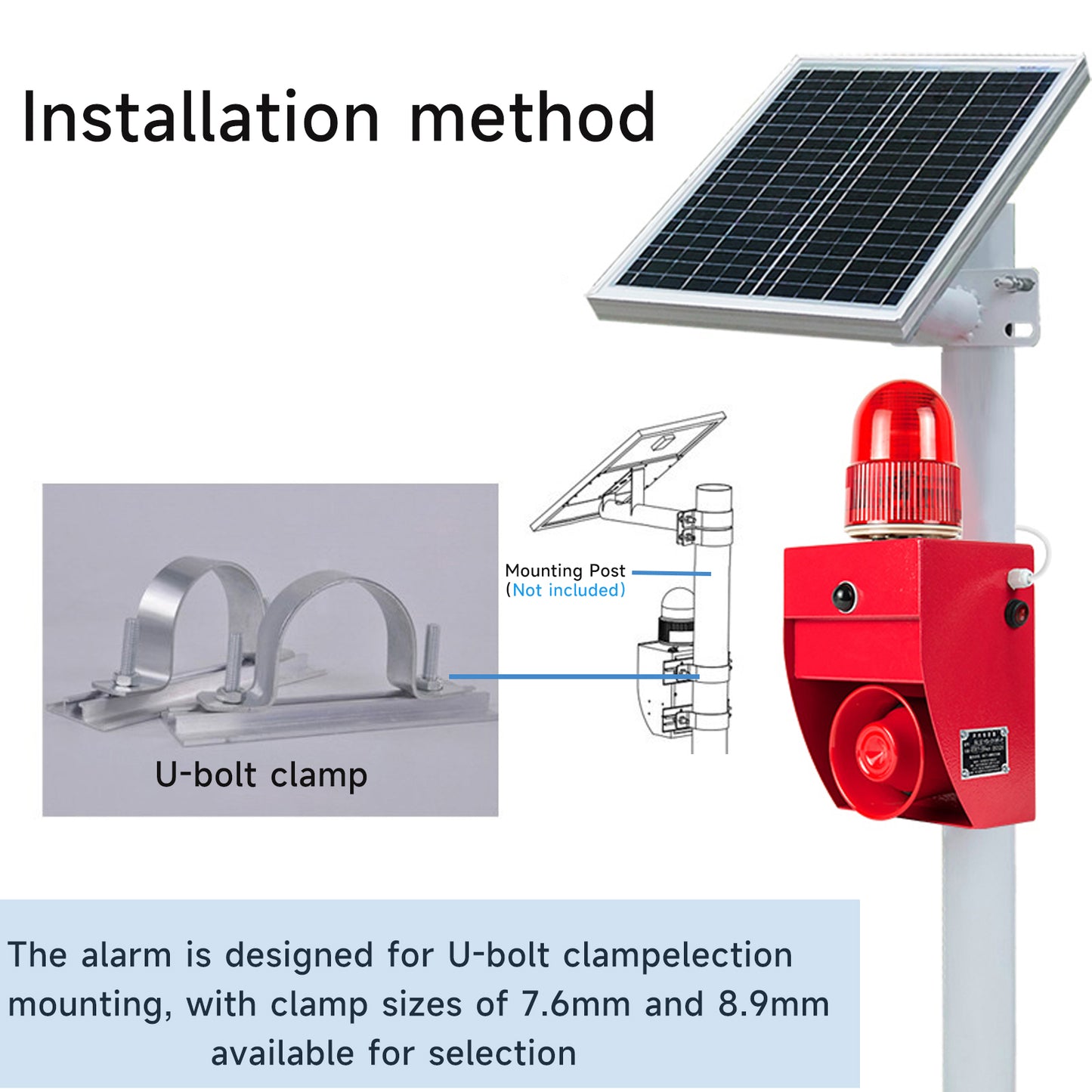 YASONG Solar Outdoor Alarm Siren with Sensor 120dB Horn Motion Detector Alarm System with Strobe Light, Adjustable Volume and Tone SLA-02WS-P