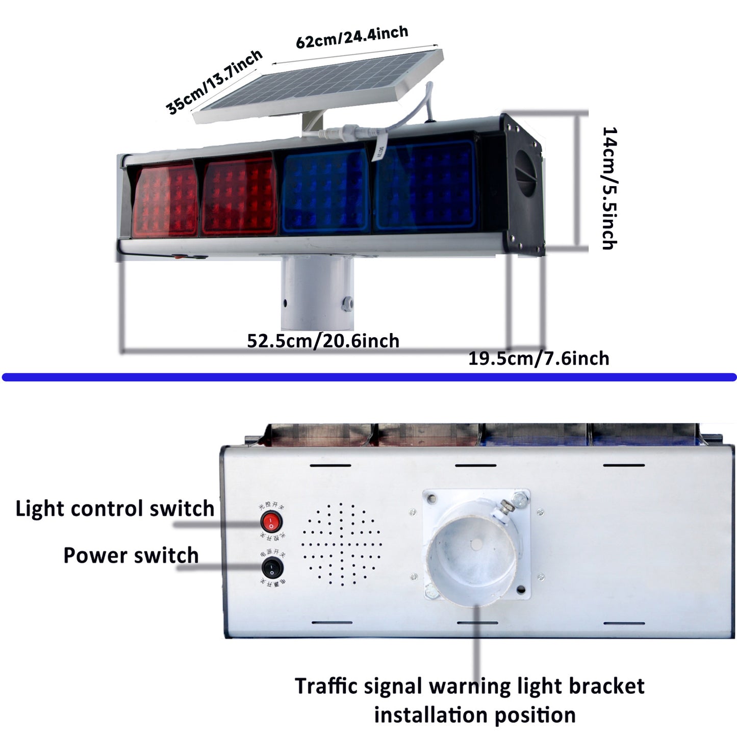 YASONG Solar Motion Detection Strobe Light Warning Light IP65 Waterproof 120dB LED Red and Blue Double-sided Flashing Lights Motion Sensor Alarm Siren for Traffic, Road Construction, Farm, Yard
