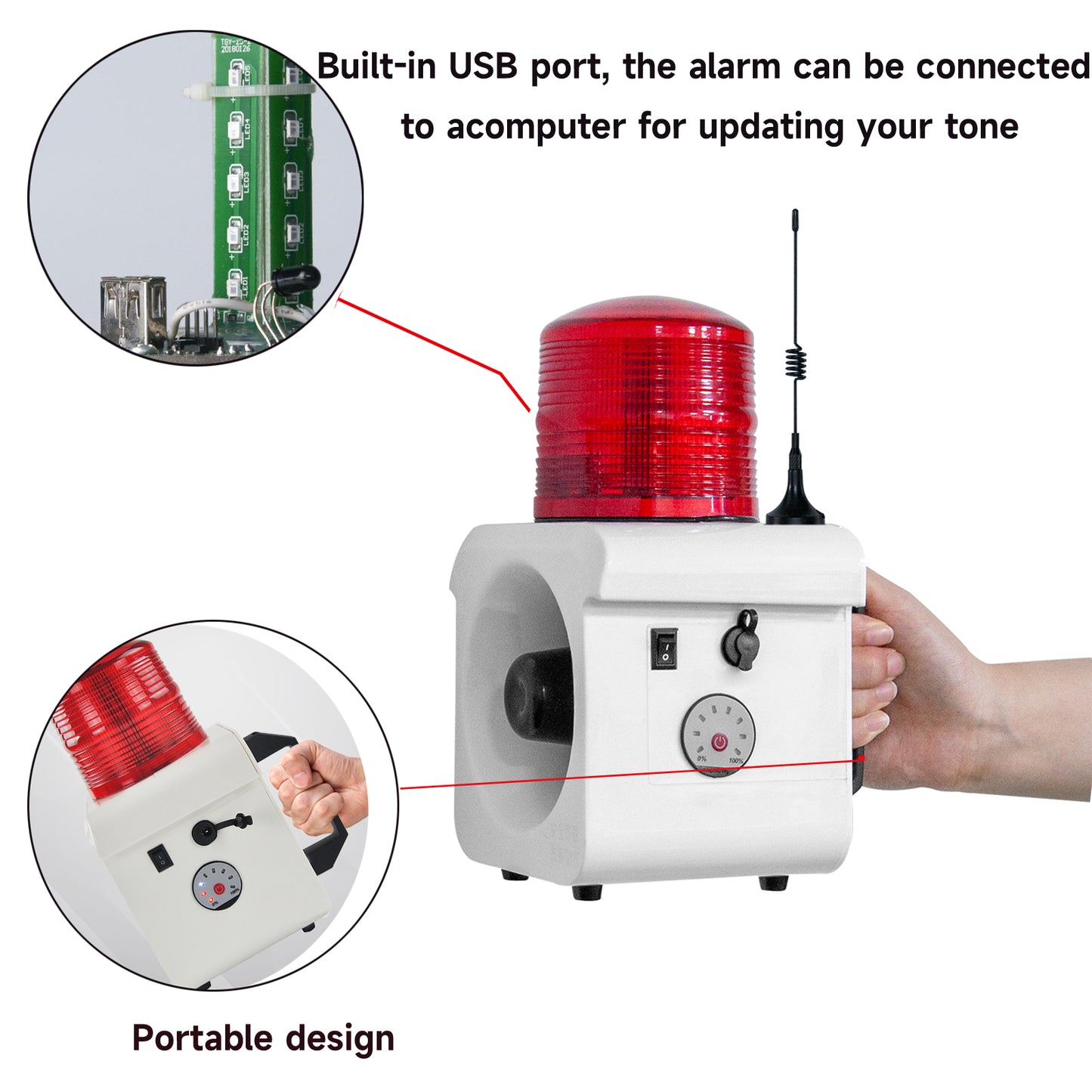 YASONG Portable Rechargeable Wireless Remote Control Alarm Siren 500m(0.31mi) Remote Distance Waterproof 120dB Siren with Adjust Volume and Tone, Lithium Battery SLA-800BY-500