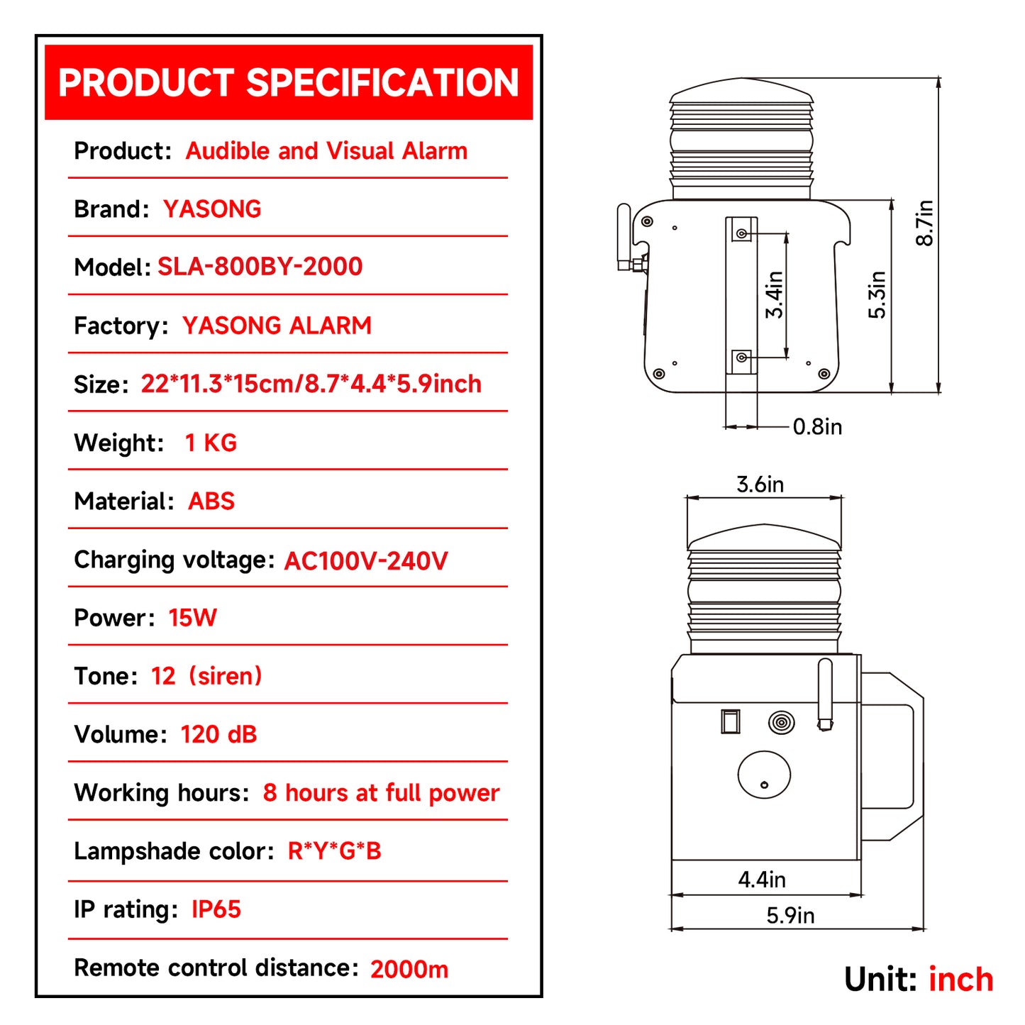 YASONG Portable Rechargeable Wireless Remote Control Alarm Siren 2km(1.24mi) Remote Distance Waterproof 120dB Siren with Lithium Battery SLA-800BY