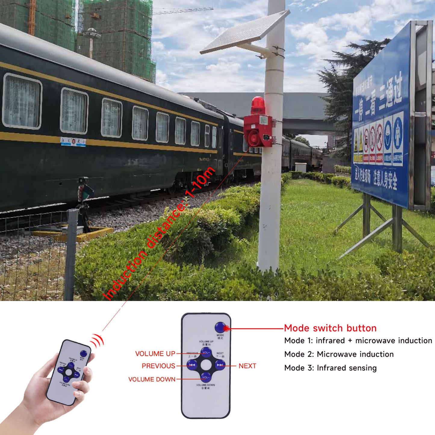 YASONG Solar Outdoor Alarm Siren with Sensor 120dB Horn Motion Detector Alarm System with Strobe Light, Adjustable Volume and Tone SLA-02WS-P