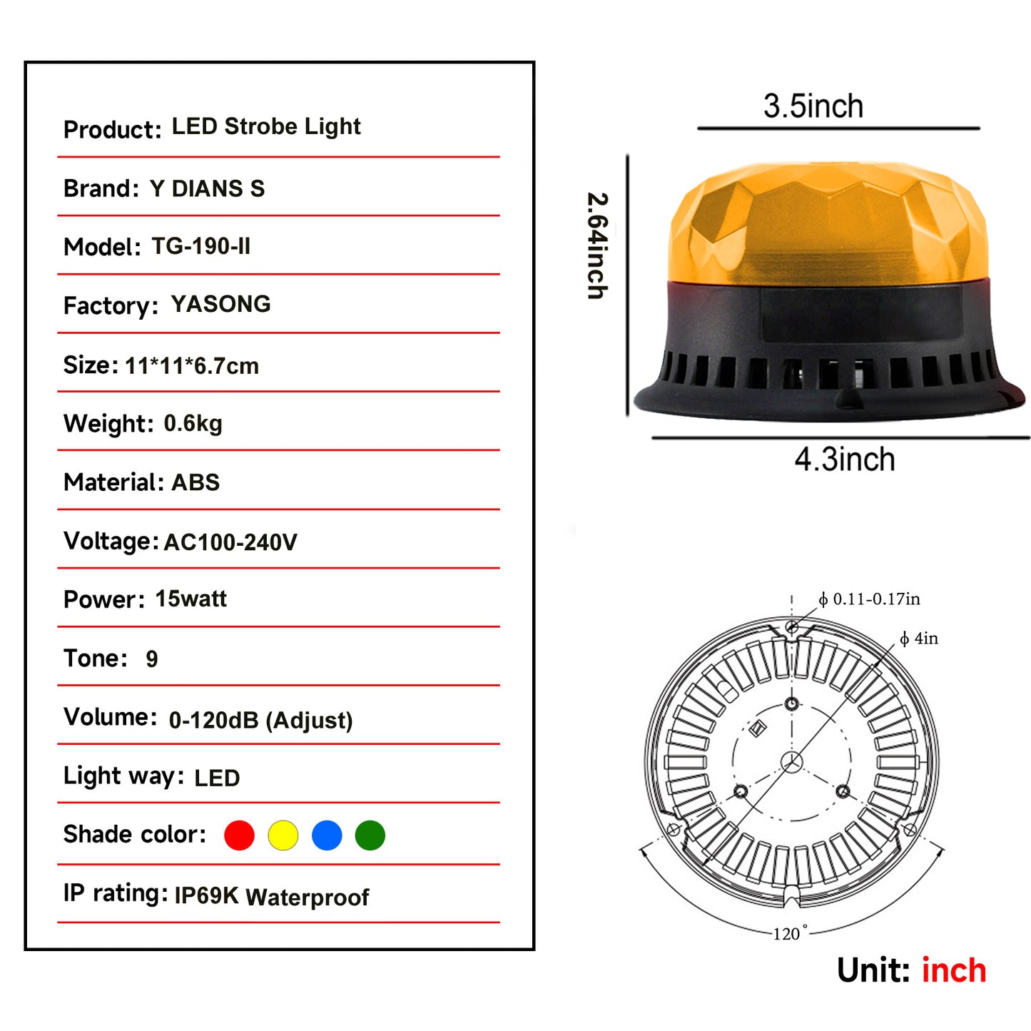 YASONG Beacon Strobe Lights LED Siren Warning Light 120dB Loud horn 2 Flashing Mode Magnetic Base for Vehicles Trucks Forklift AC100-240V SLA-190-II