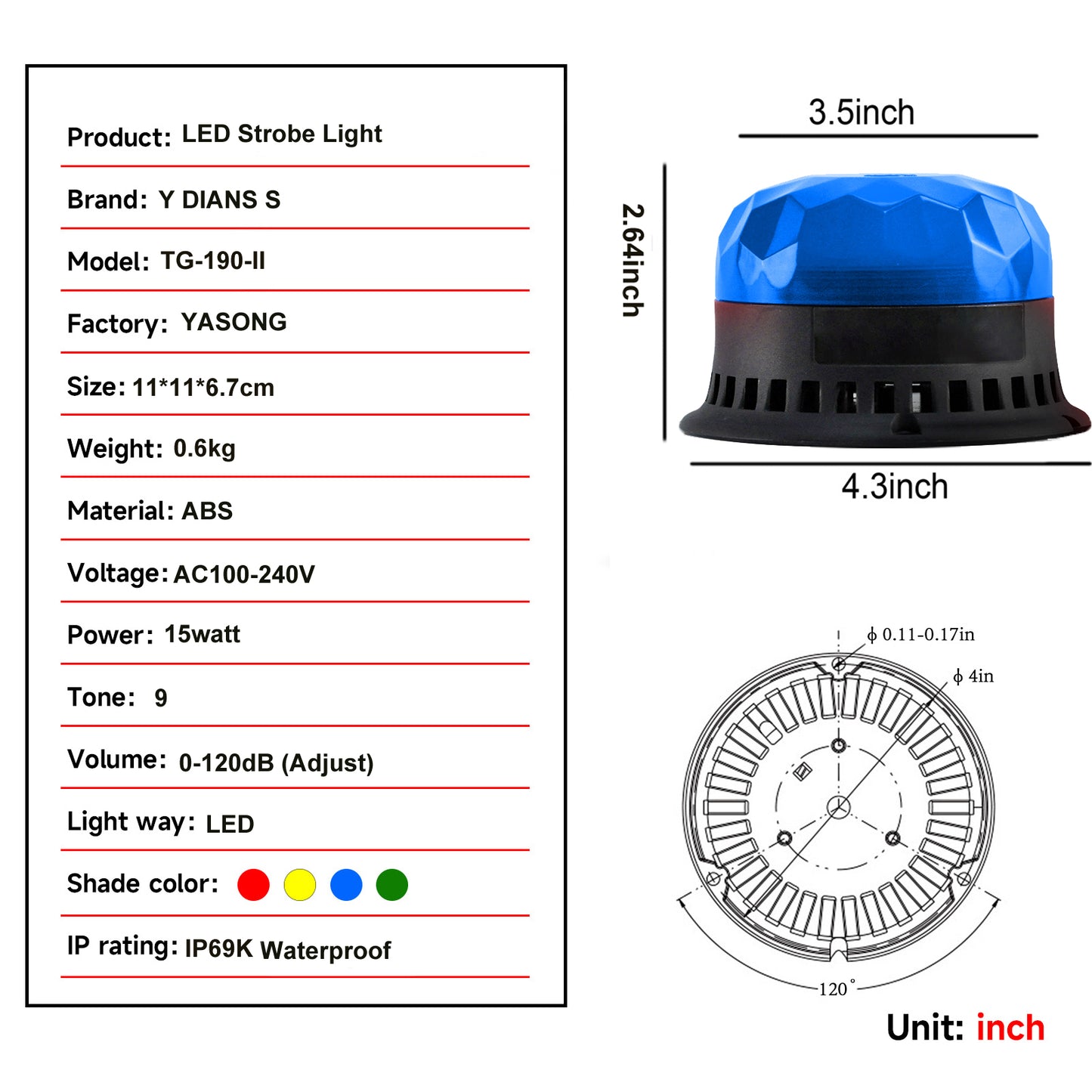 YASONG Beacon Strobe Lights LED Siren Warning Light 120dB Loud horn 2 Flashing Mode Magnetic Base for Vehicles Trucks Forklift AC100-240V SLA-190-II
