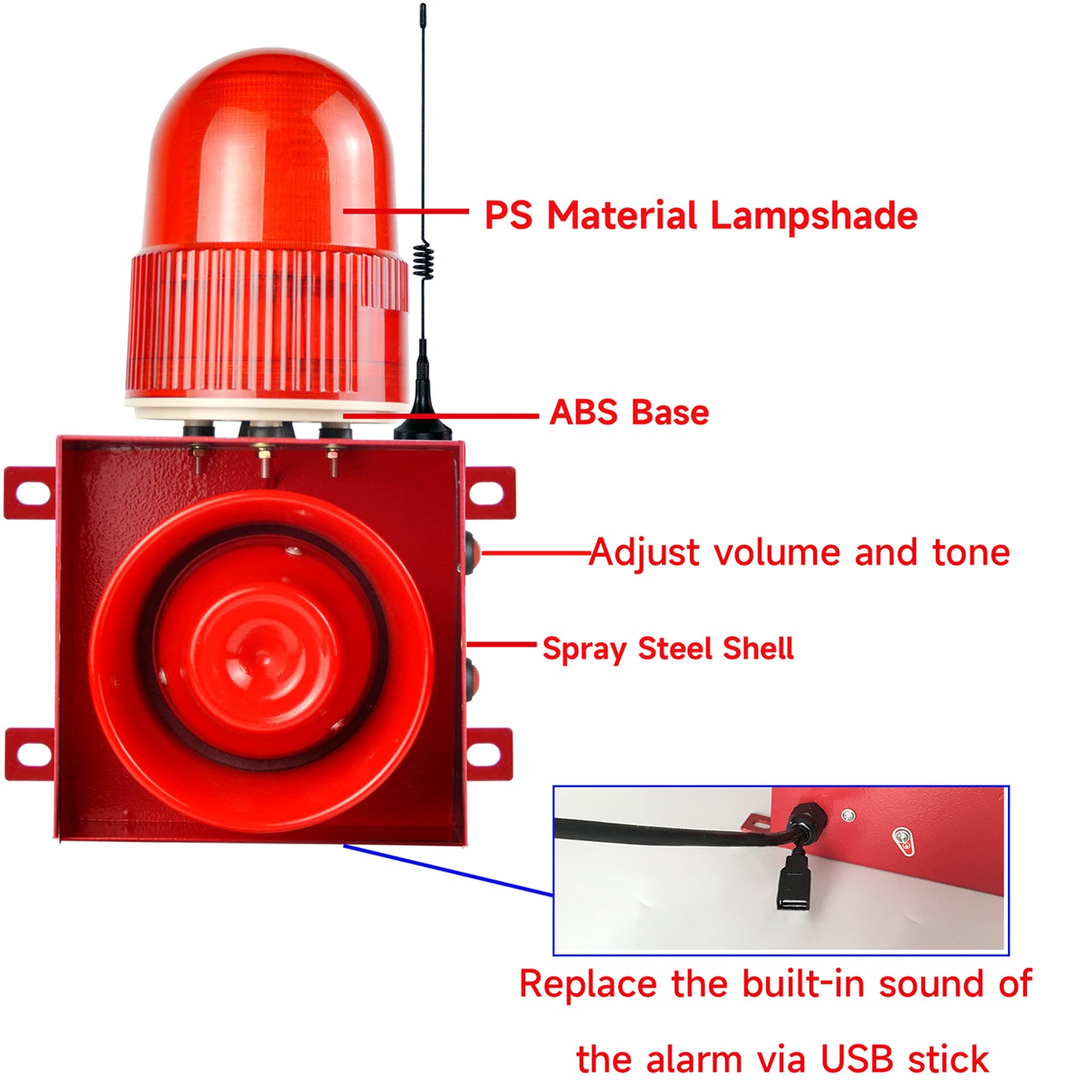 YASONG 1.2mile/2000m Remote Control Alarm Siren 120dB Horn Adjustable Outdoor Sirens with USB Port and 3 Remote Control SLA-01HY-2000-3
