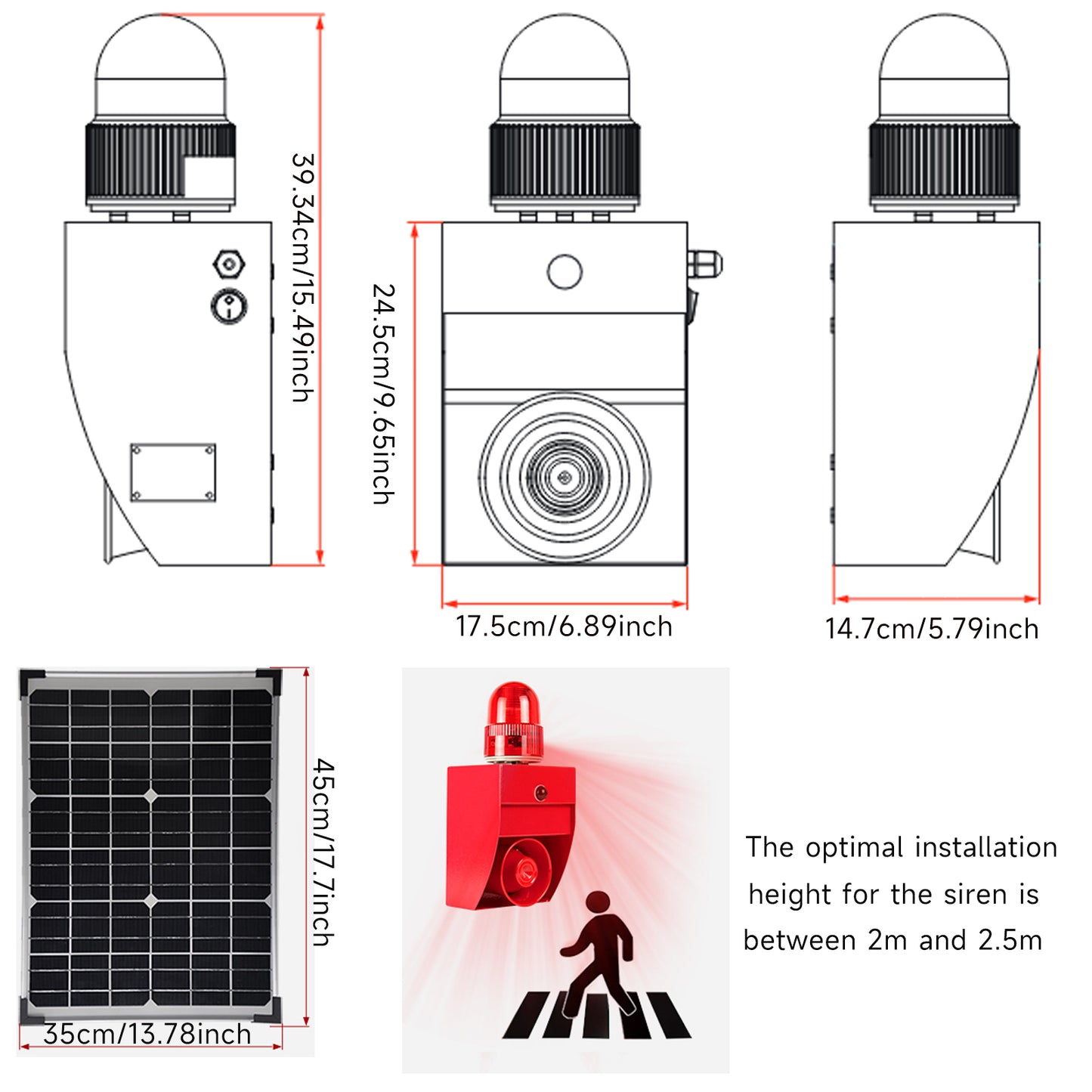 YASONG Solar Outdoor Alarm Siren with Sensor 120dB Horn Motion Detector Alarm System with Strobe Light, Adjustable Volume and Tone SLA-02WS-P