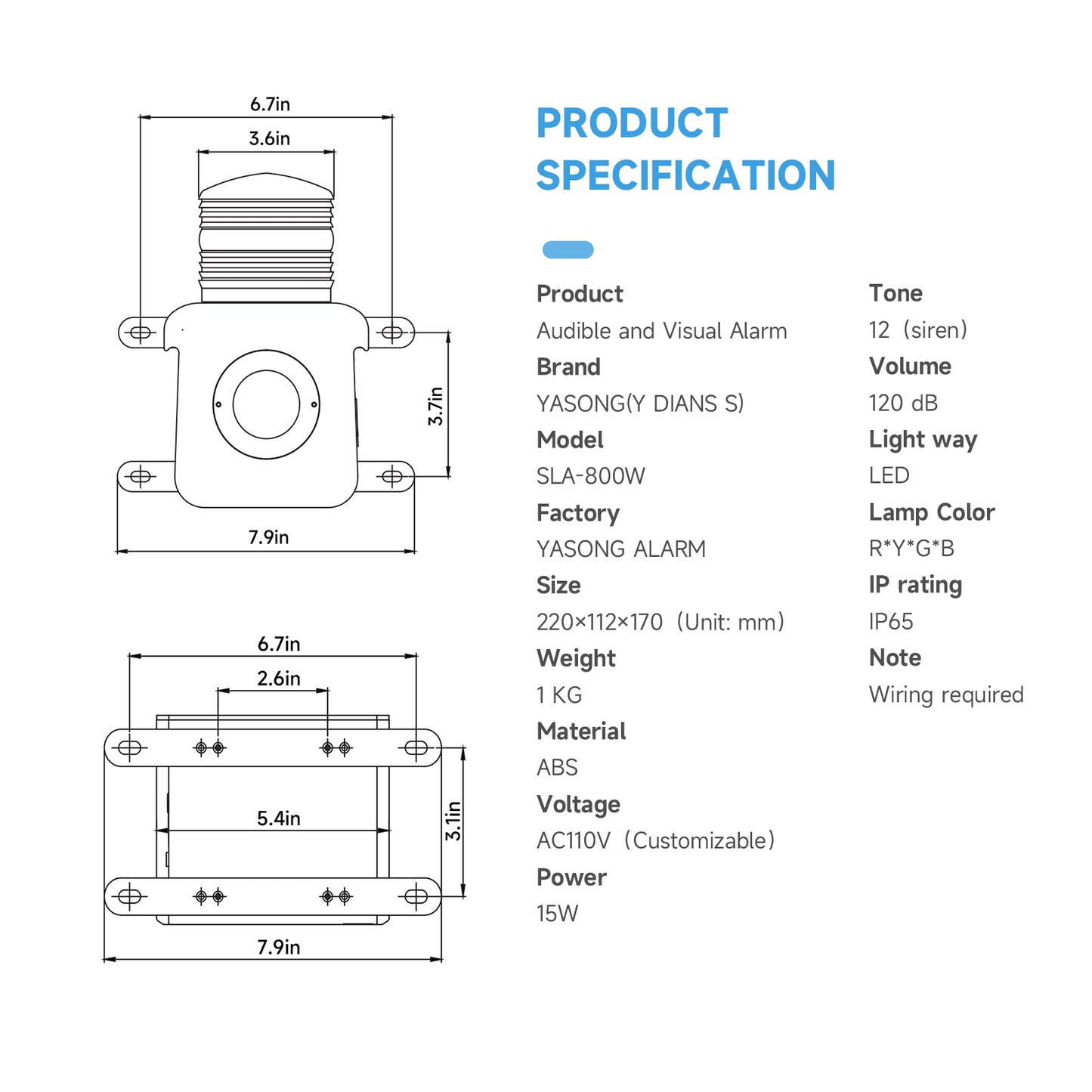 YASONG Motion Sensor Alarm Siren Adjustable 120dB Loudspeaker Motion Detector Tirgger Alarm Systerm for Warehouse, Parking lots and School SLA-800W