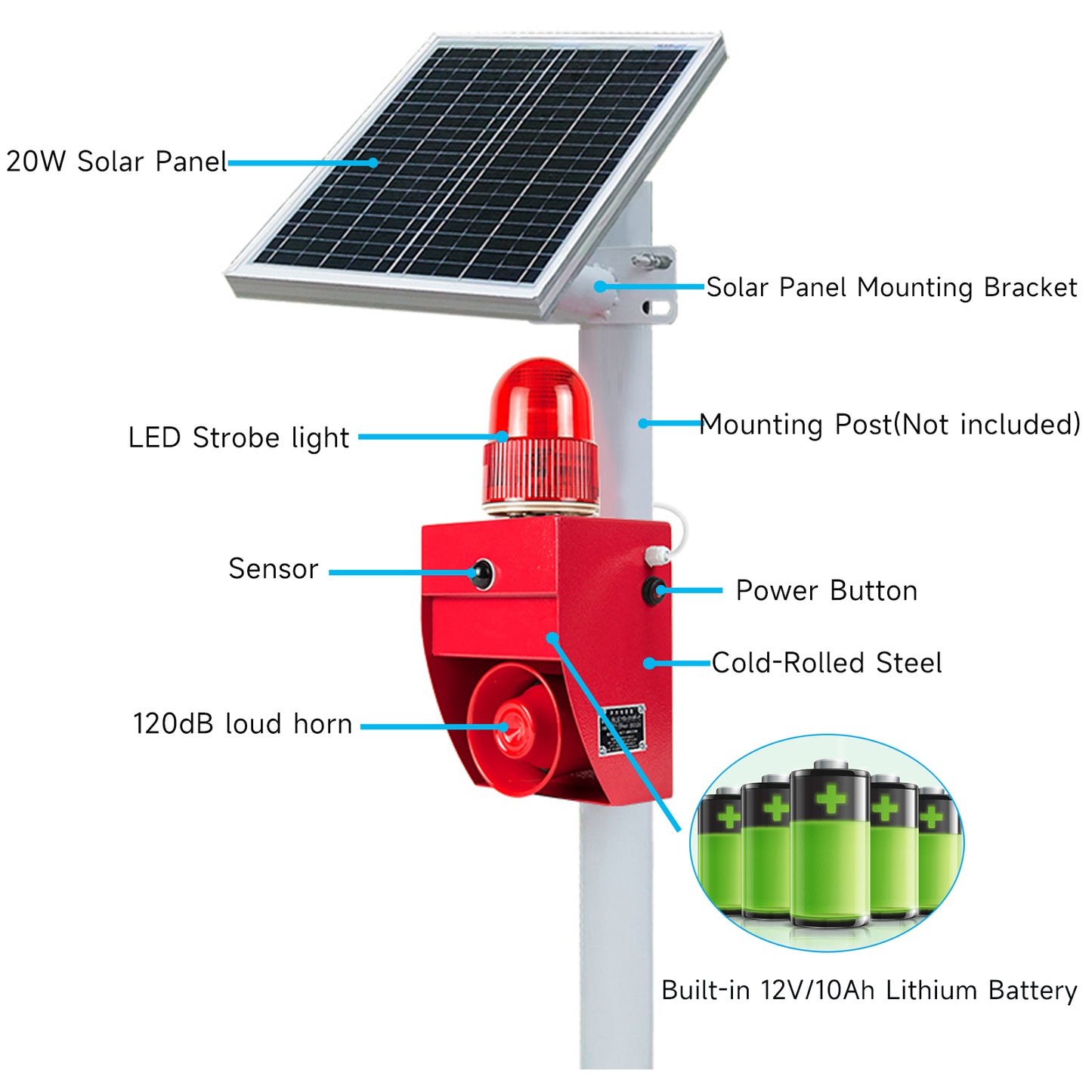 YASONG Solar Outdoor Alarm Siren with Sensor 120dB Horn Motion Detector Alarm System with Strobe Light, Adjustable Volume and Tone SLA-02WS-P