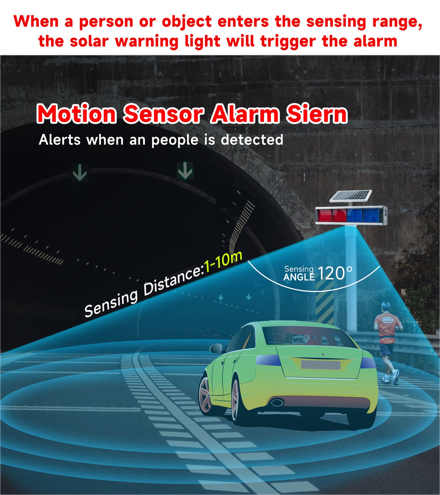 YASONG Solar Motion Detection Strobe Light Warning Light  IP65 Waterproof 120dB LED Red and Blue Double-sided Flashing Lights for Traffic, Farm, Yard
