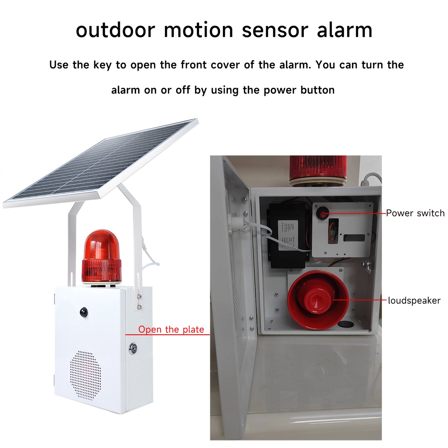 YASONG Solar Motion Sensor Alarm Siren Waterproof Outdoor Motion Detector Sirens with Strobe Light, 120dB Horn Tone Adjustable SLA-118VS-II