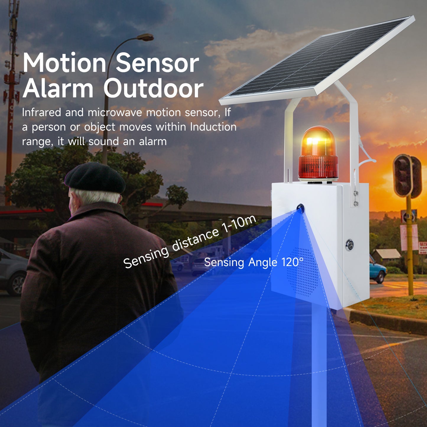 YASONG Solar Motion Sensor Alarm Siren Waterproof Outdoor Motion Detector Sirens with Strobe Light, 120dB Horn Tone Adjustable SLA-118VS-II