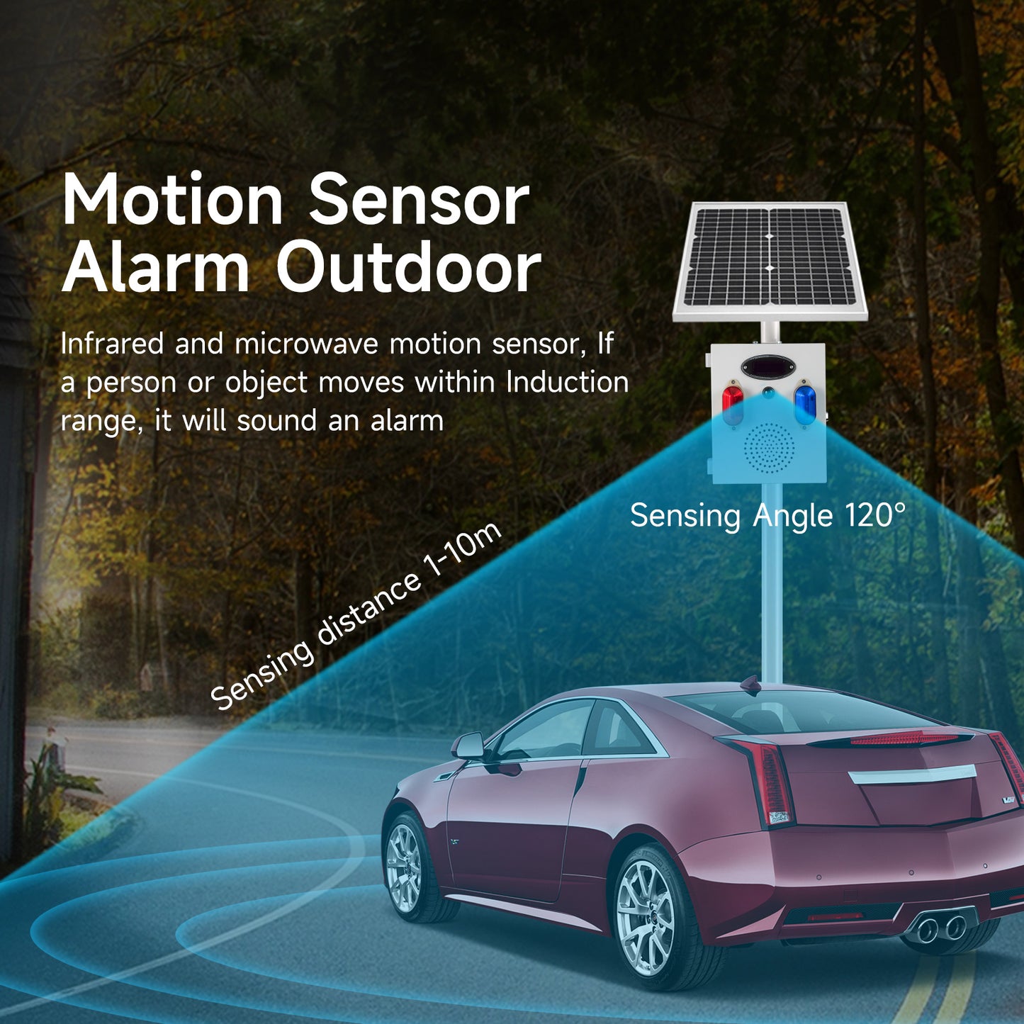 YASONG Solar Motion Sensor Alarm Siren Outdoor Motion Detector Alarm System with Red and Blue Strobe Light, 120dB Horn SLA-TYN02