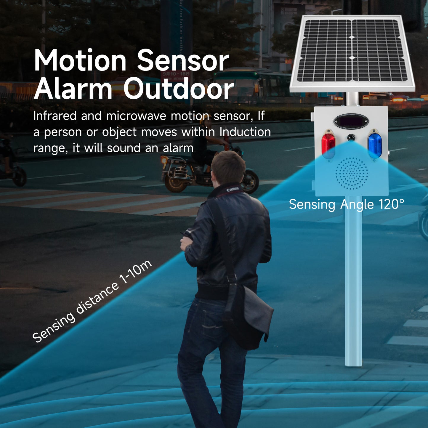 YASONG Solar Motion Sensor Alarm Siren Outdoor Motion Detector Alarm System with Red and Blue Strobe Light, 120dB Horn SLA-TYN02