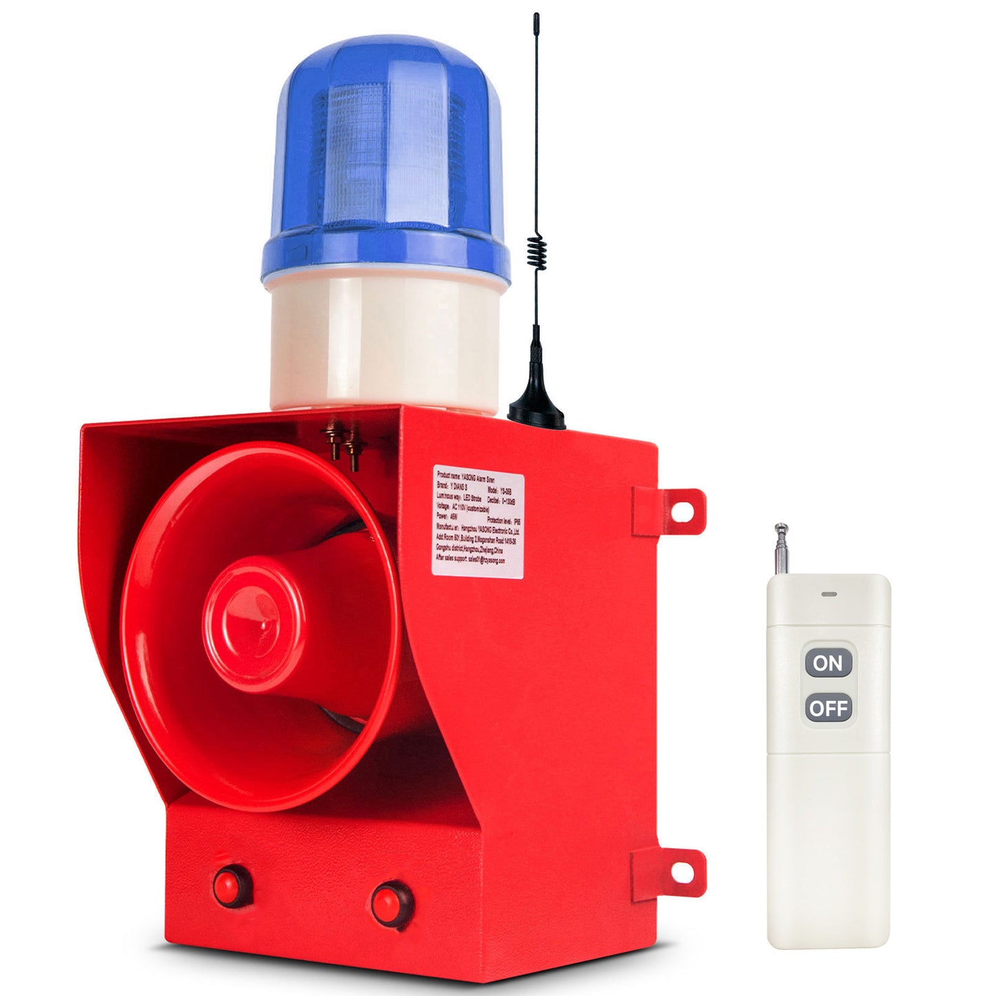 YASONG 2000m Remote Control Alarm Siren 130dB Horn Outdoor Emergency Industrial Security Sirens with Strobe Light Tone Volume Adjustable SLA-05BY