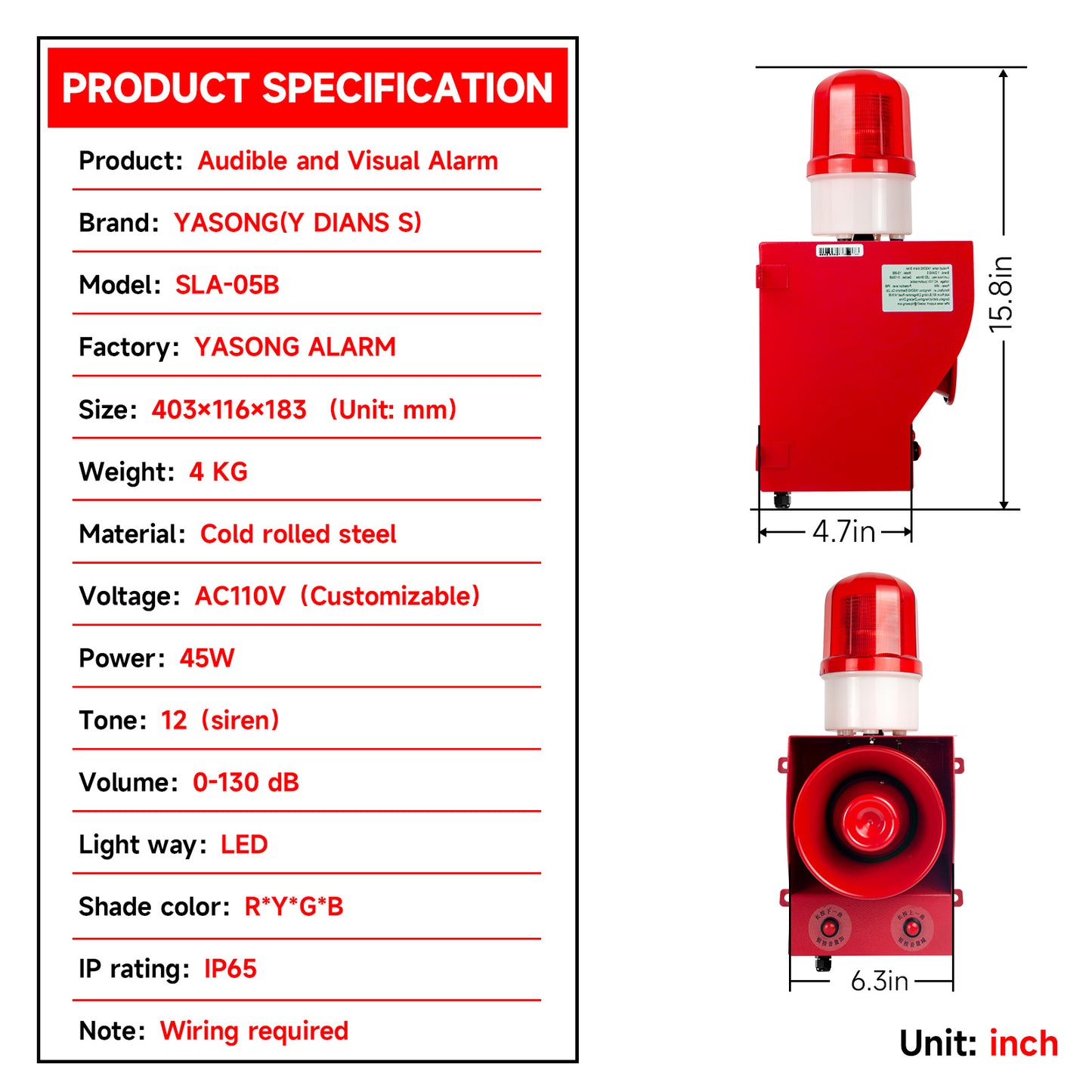 YASONG 2000m Remote Control Alarm Siren 130dB Horn Outdoor Emergency Industrial Security Sirens with Strobe Light Tone Volume Adjustable SLA-05BY