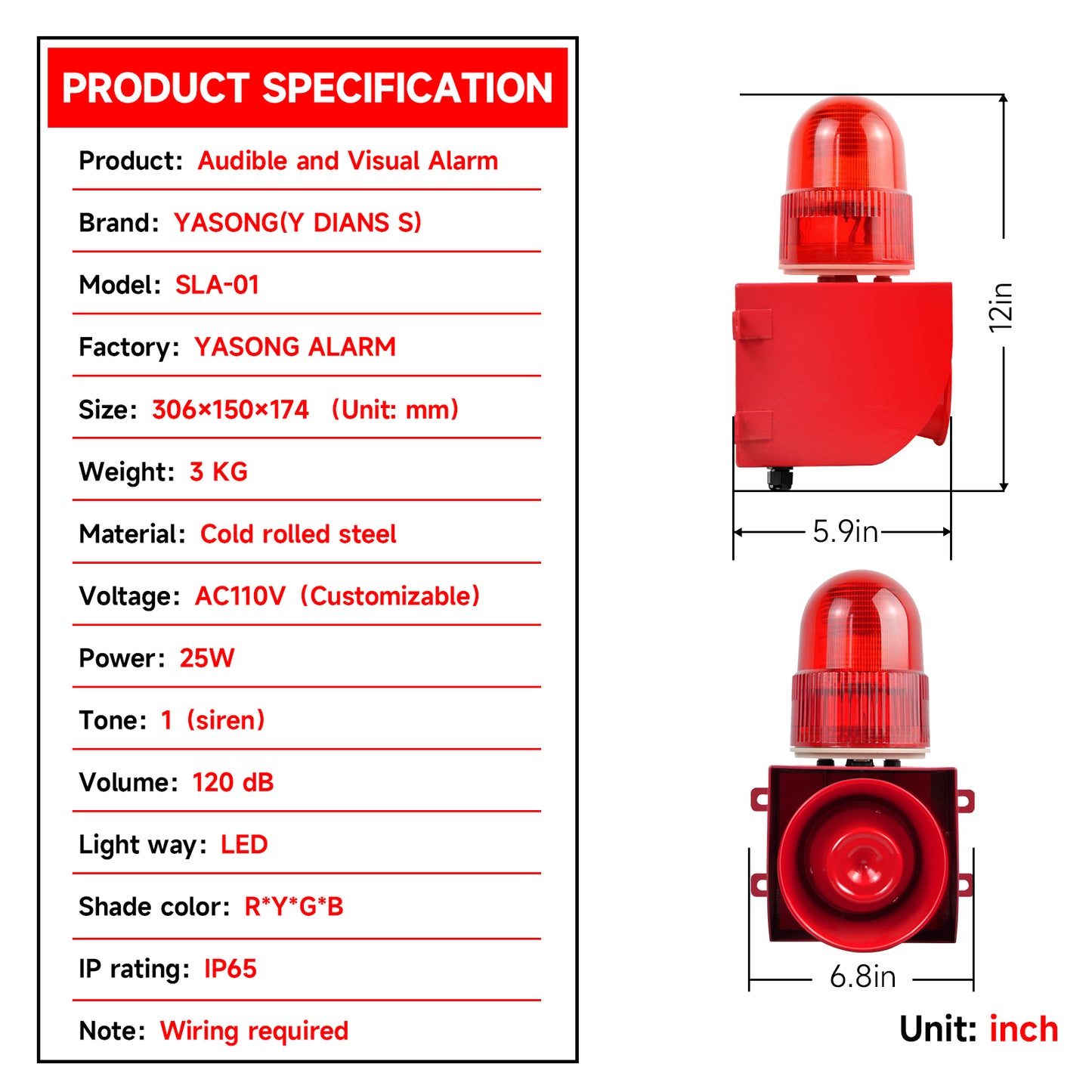 YASONG SLA-01 Industrial Alarm Siren Waterproof 120dB Horn Siren Speaker with LED Strobe Light 25W Alarm System for Factory, Dock, Warehouses