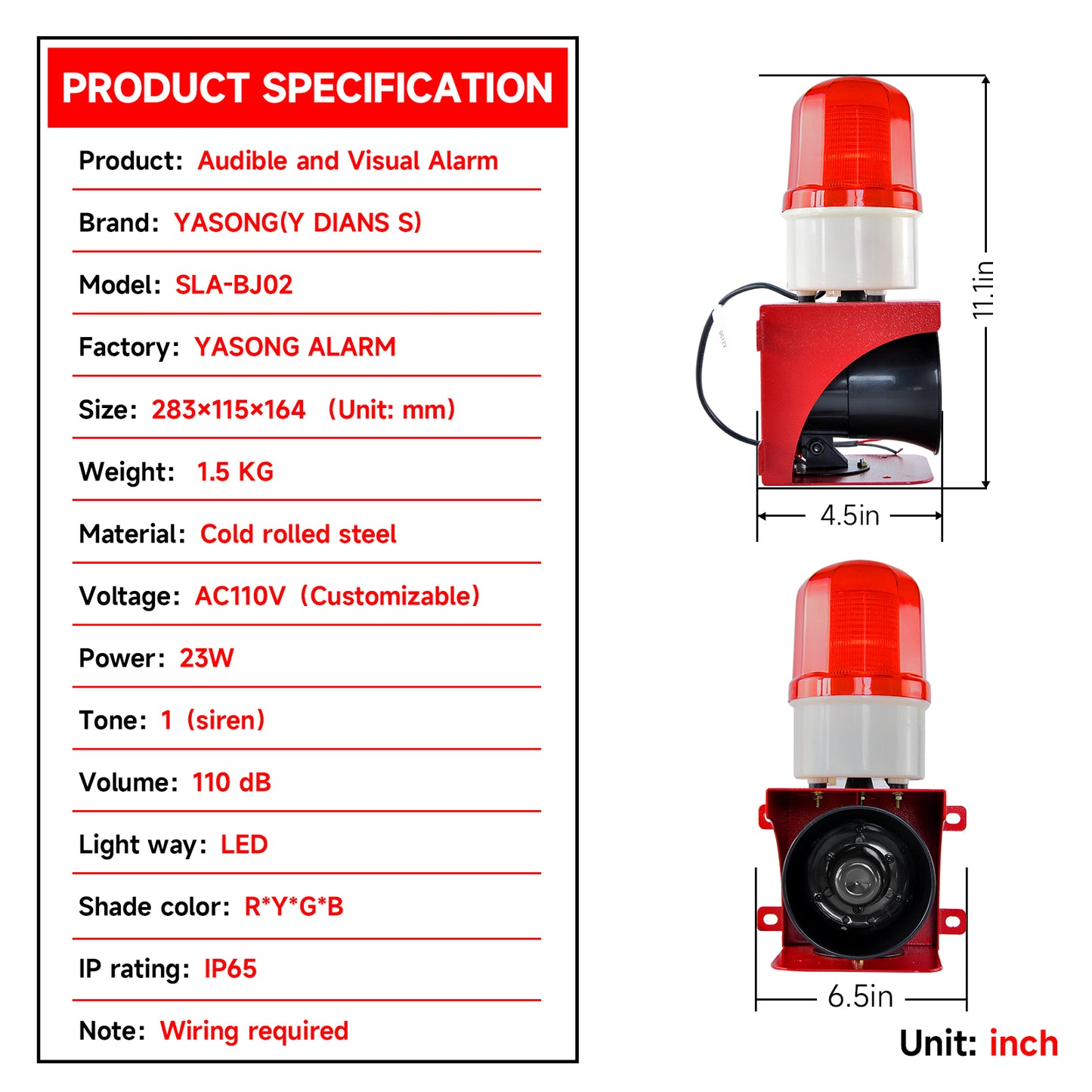 YASONG Industrial Alarm Siren IP65 Waterproof 110dB Loud Horn Safety Emergency Sirens with Beacon Light for Factory, Office, Wharf SLA-BJ02
