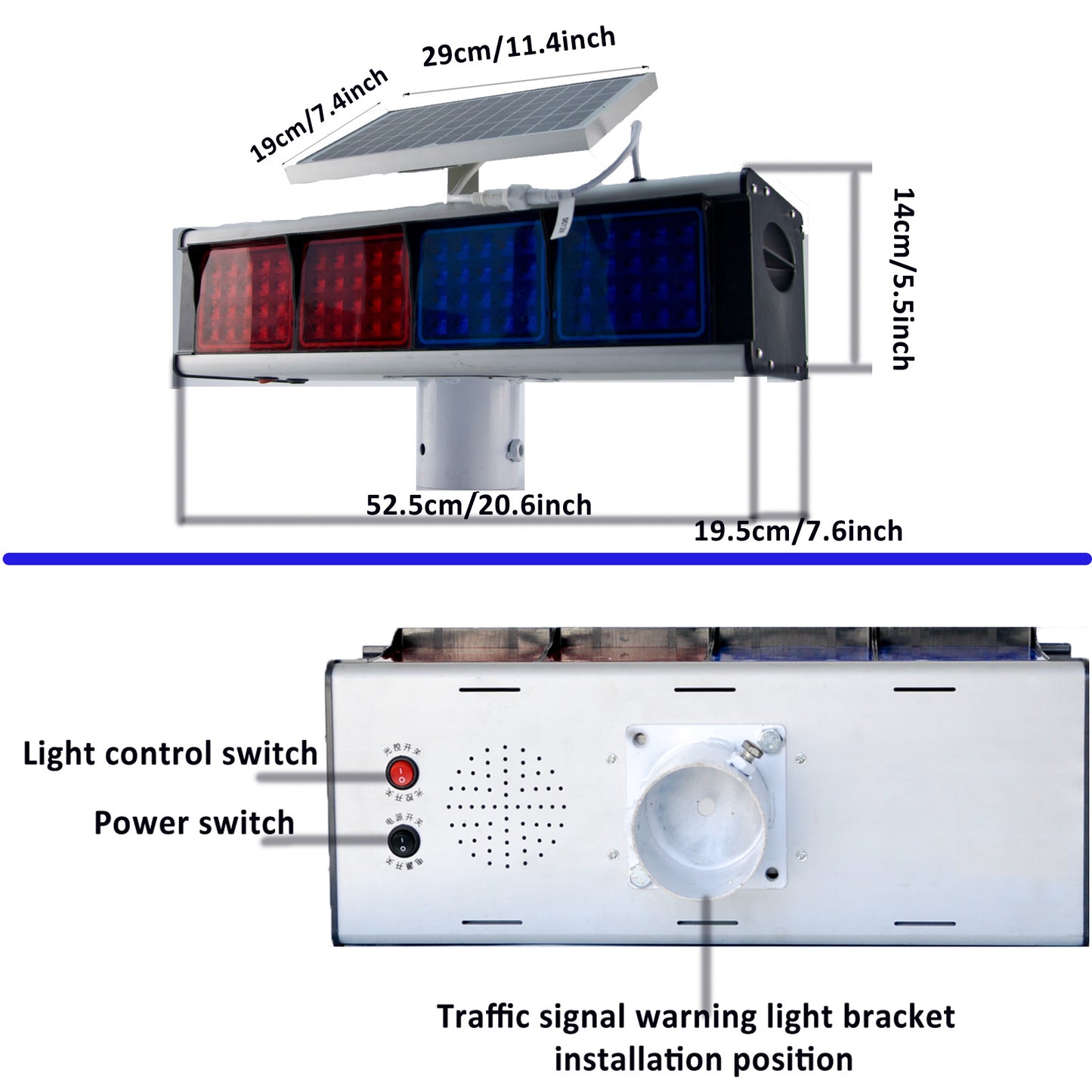 YASONG Solar Strobe Alarm Siren Light Red and Blue Double-sided Security Warning Lights IP65 Waterproof LED Beacon Flashing Light with photoelectric Switch for Traffic, Road Construction, Farm, Yard