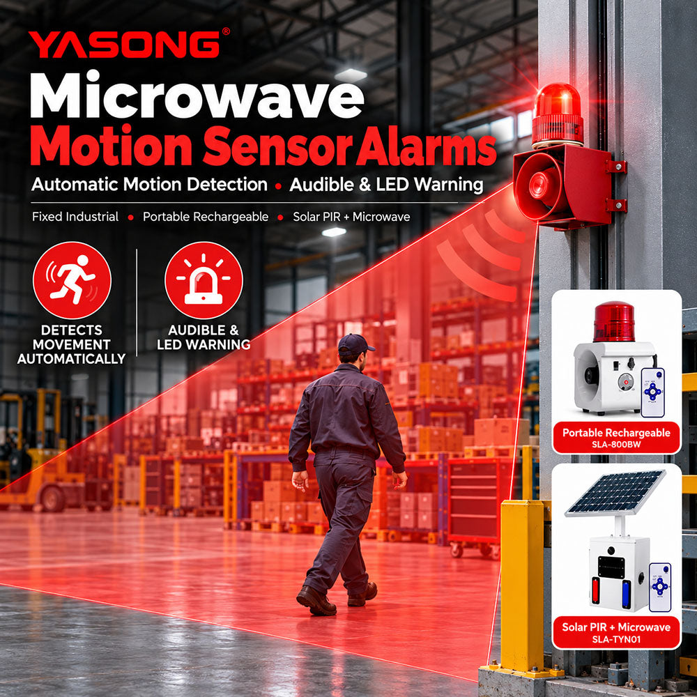 YASONG microwave motion sensor alarms with fixed, portable rechargeable and solar PIR microwave models in an industrial warehouse