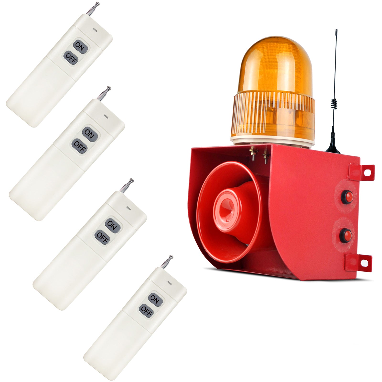 Sirena de alarma con control remoto para exteriores YASONG de 1.2 millas/0.3 millas, bocina ruidosa de 120 dB ajustable con puerto USB y 4 controles remotos, impermeable IP65 SLA-01HY-4