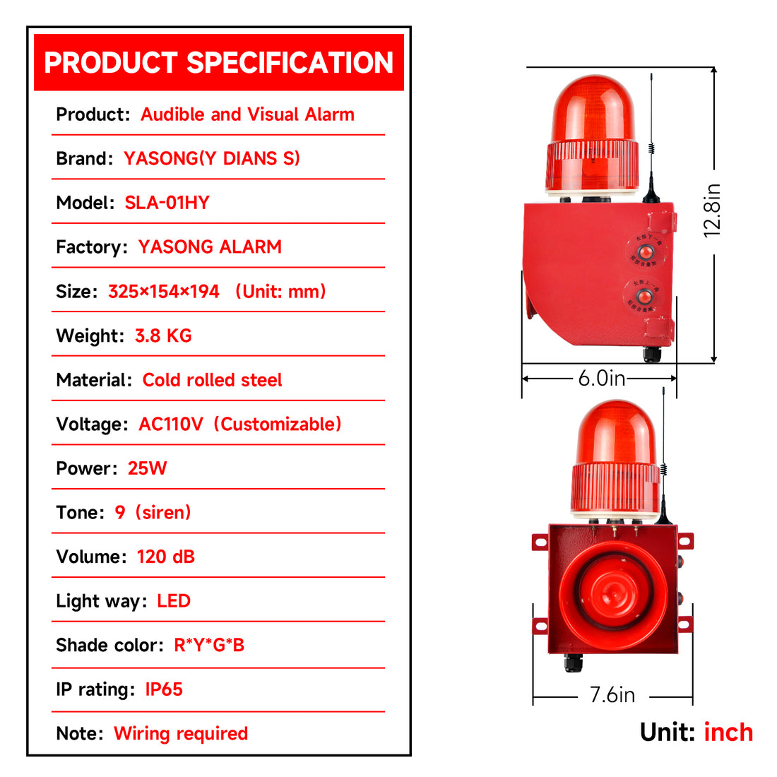 YASONG SLA-01HY-2000-3 120dB Industrial Remote Control Siren, 3 Remotes, 2000m Range, 25W, IP65, USB Audio, LED Strobe