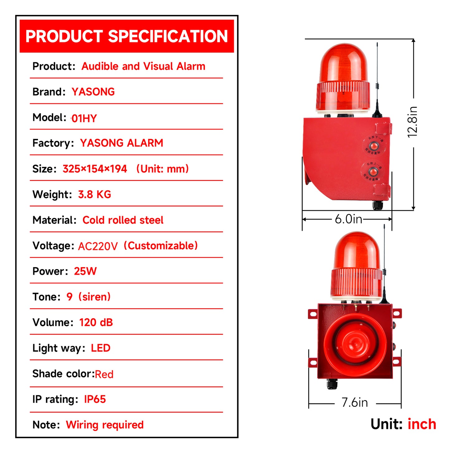 YASONG 500m/0.3mile Remote Control Alarm Siren with 3 Remote Controls, 120dB Horn 9 Tones Adjustable Outdoor Security Siren with Strobe Light , 25 Watts IP65 Waterproof SLA-01HY-500-3