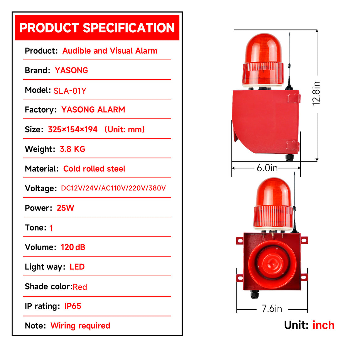Sirène d'alarme stroboscopique LED sans fil extérieure YASONG SLA-01Y avec télécommande, portée de contrôle longue distance 2000/500m, klaxon 120dB 25 Watts, étanche IP65
