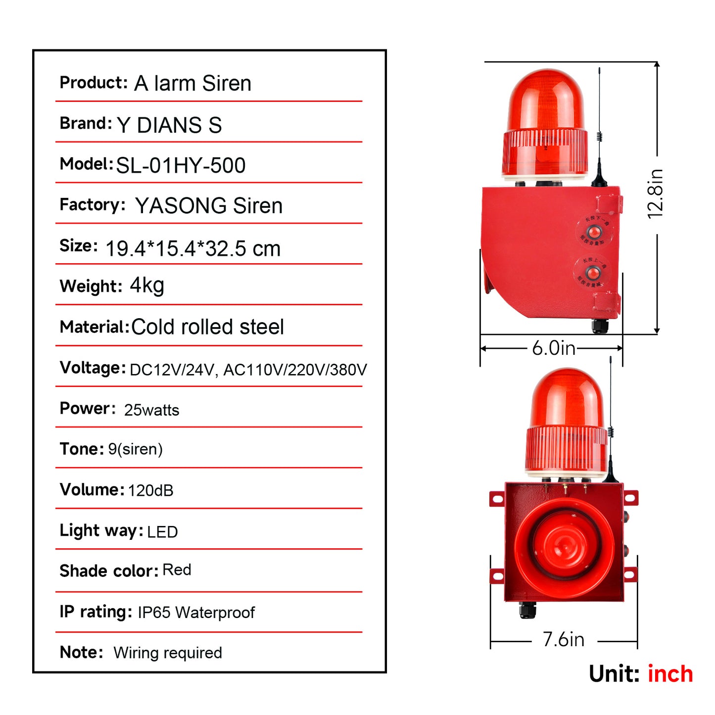 YASONG SLA-01HY 0.3Mile Outdoor Remote Control Alarm Siren, 120dB Horn 9 Tones Adjustable with USB Port  25 Watts IP65 Waterproof