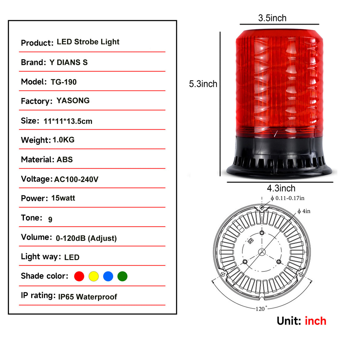 YASONG SLA-190 120dB LED Beacon Siren Light, 9 Tones, 4 Flash Modes, AC100-240V, Remote Control