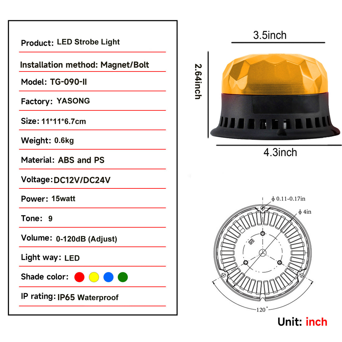 YASONG SLA-090-II 120dB LED Beacon Siren Light, 9 Tones, 4 Flash Modes, DC12V/24V, Magnet/Bolted Base