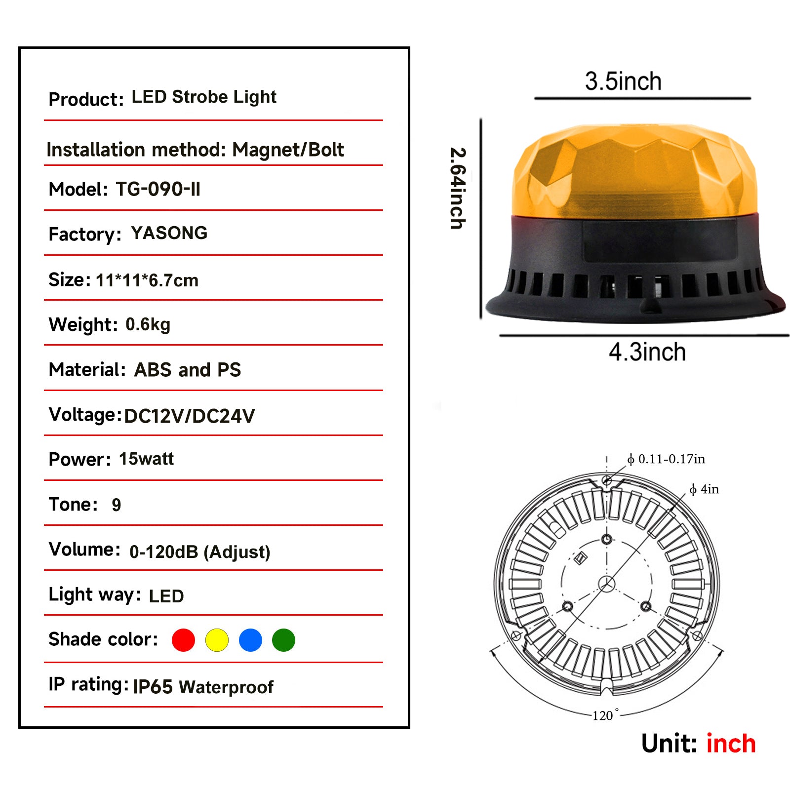 YASONG SLA-090-II 120dB LED Beacon Siren Light, 9 Tones, 4 Flash Modes, DC12V/24V, Magnet/Bolted Base