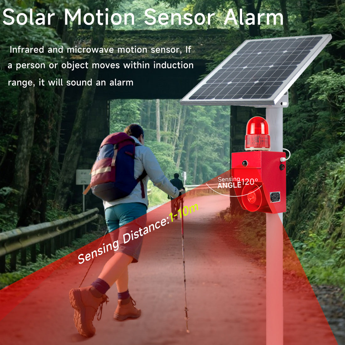 Sirène d'alarme extérieure solaire YASONG avec capteur, avertisseur sonore 120dB, système d'alarme à détecteur de mouvement avec lumière stroboscopique, volume et tonalité réglables SLA-02WS-P