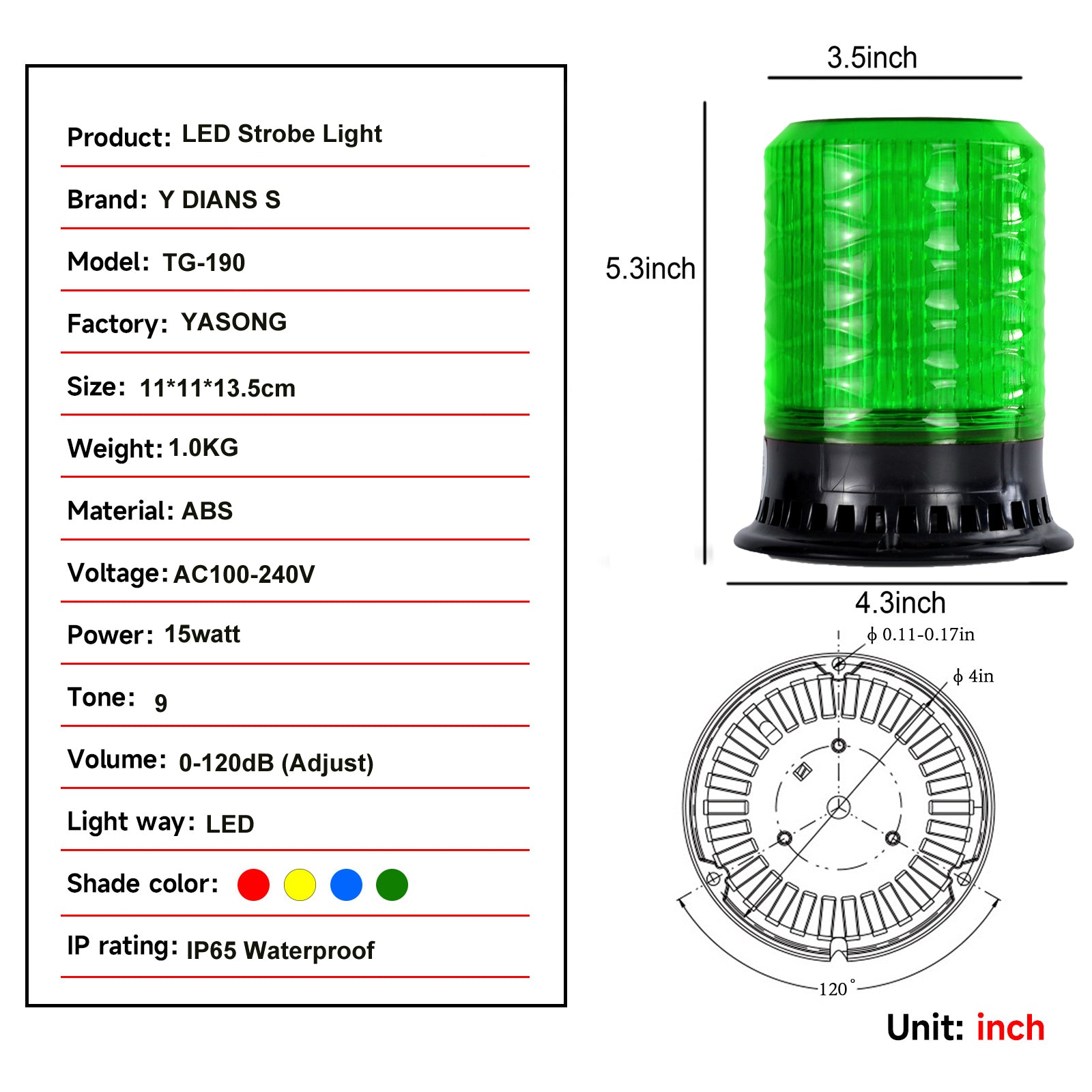 YASONG SLA-190 120dB LED Beacon Siren Light, 9 Tones, 4 Flash Modes, AC100-240V, Remote Control