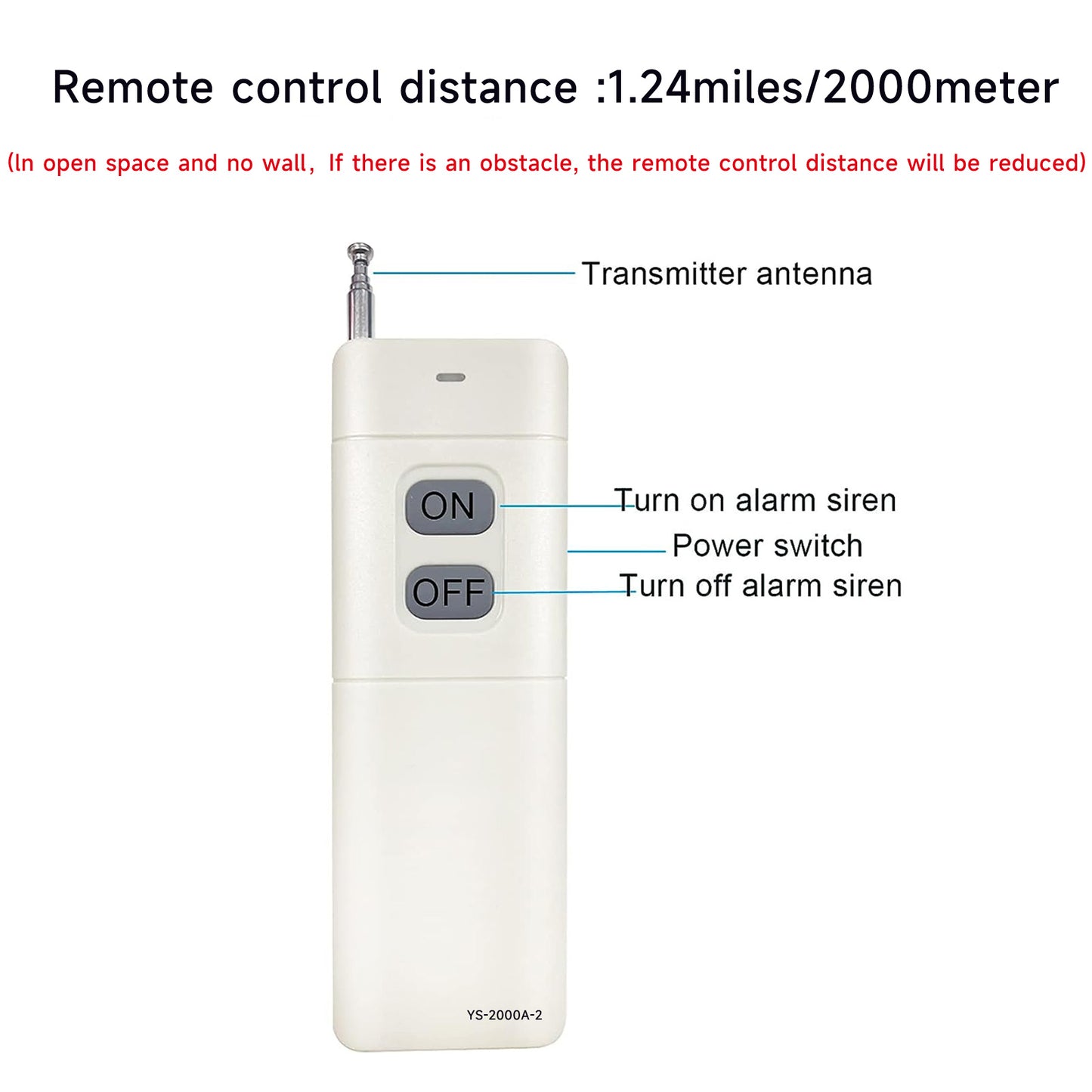 Wireless Remote Control 2000m/1.24mile（No Wall) Control Siren Turn On or Turn Off One Remote Control up to 15 Alarms