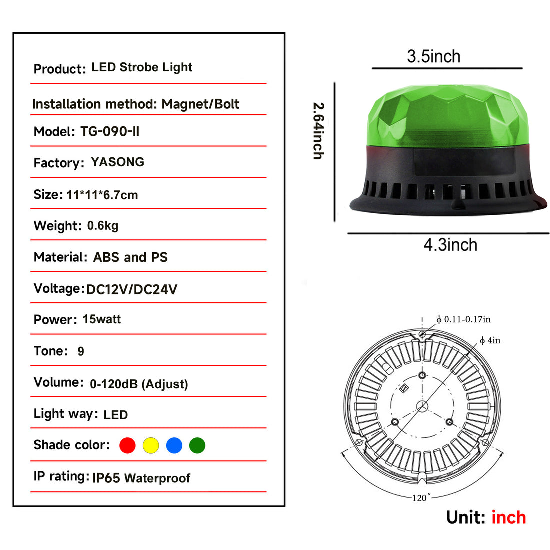 YASONG SLA-090-II 120dB LED Beacon Siren Light, 9 Tones, 4 Flash Modes, DC12V/24V, Magnet/Bolted Base