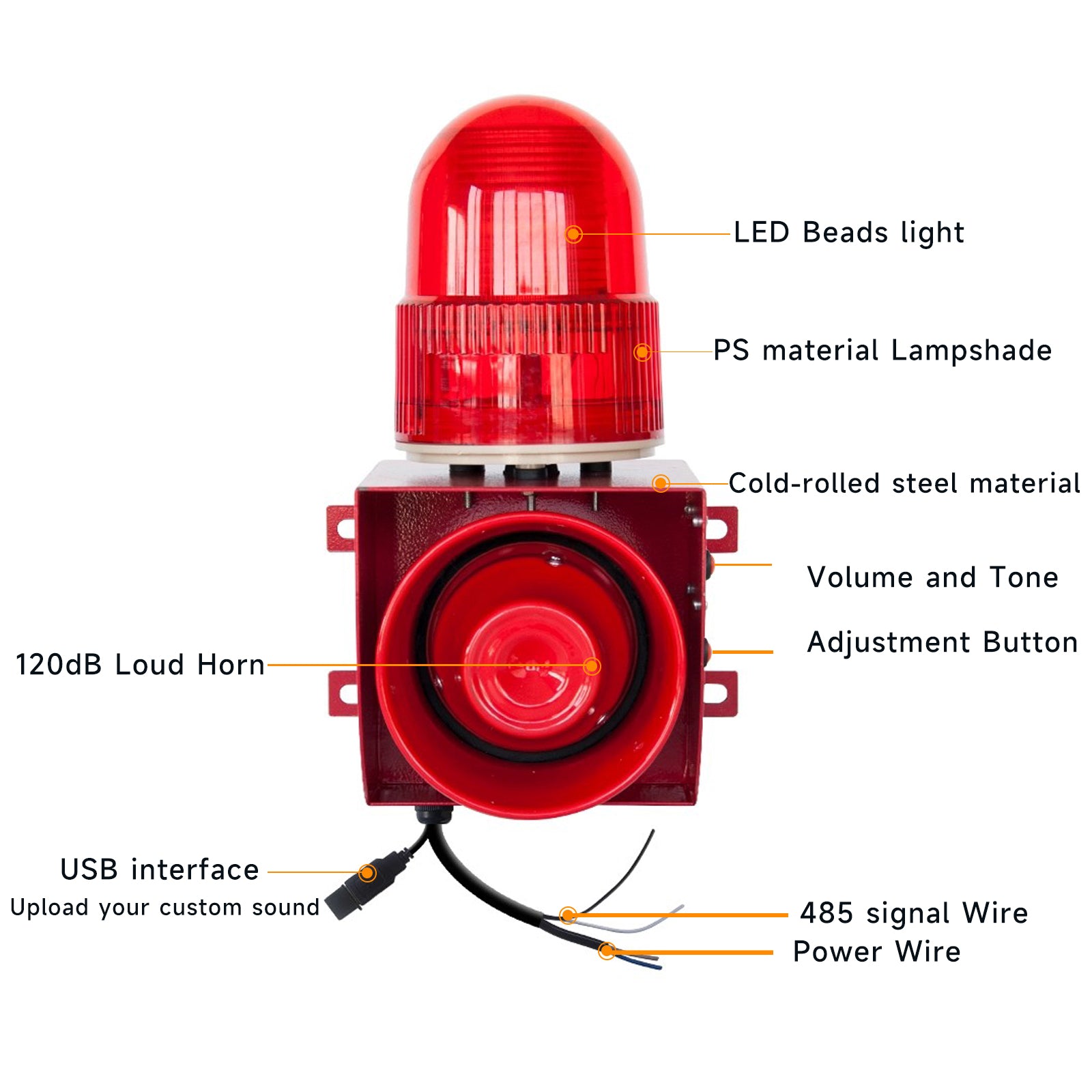 YASONG SLA-01HX 120dB RS-485 Modbus Alarm Siren, 25W, 12 Tones, IP65, USB Upload, LED Strobe