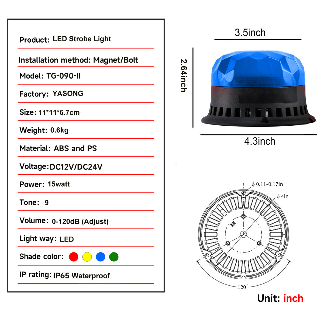 YASONG SLA-090-II 120dB LED Beacon Siren Light, 9 Tones, 4 Flash Modes, DC12V/24V, Magnet/Bolted Base