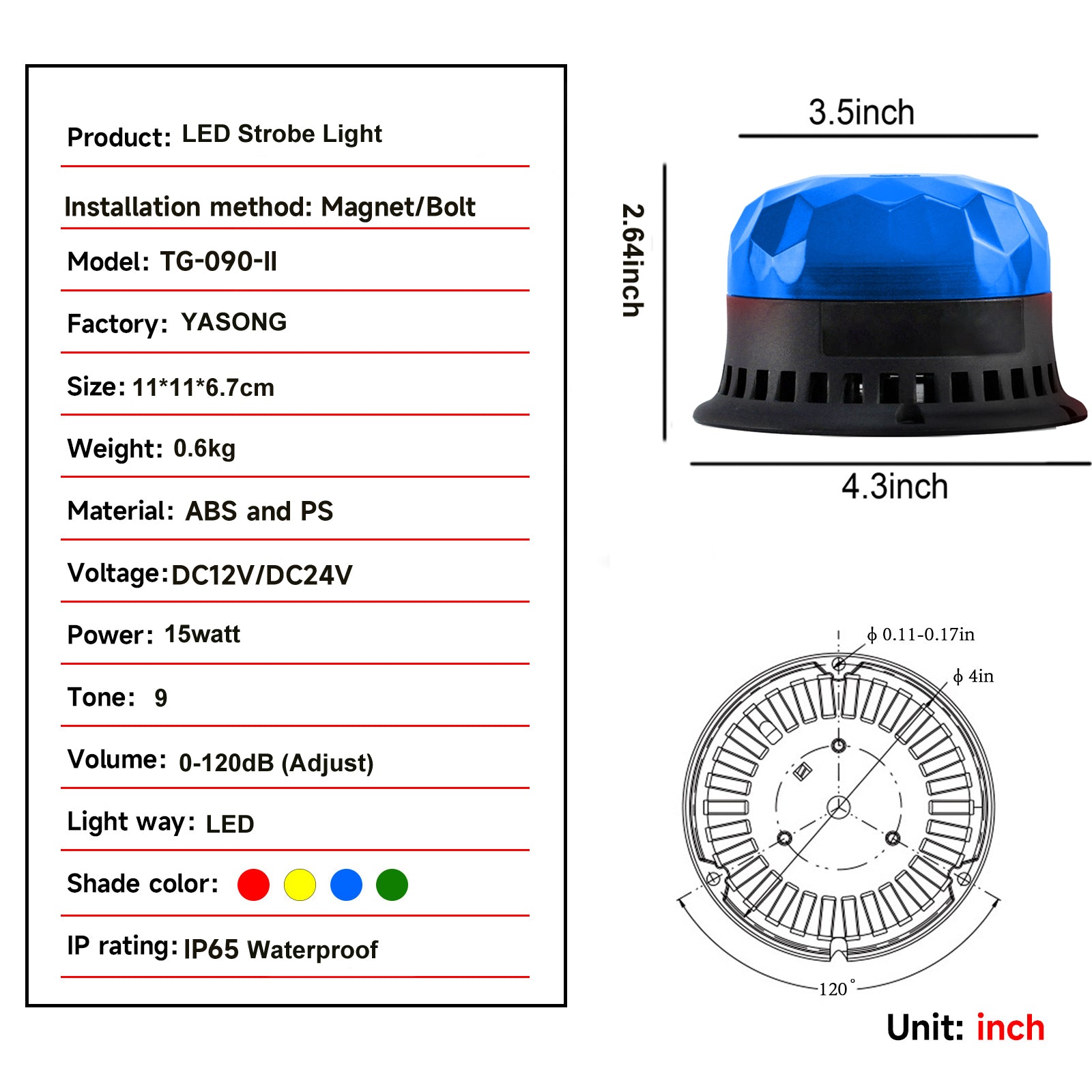 YASONG SLA-090-II 120dB LED Beacon Siren Light, 9 Tones, 4 Flash Modes, DC12V/24V, Magnet/Bolted Base