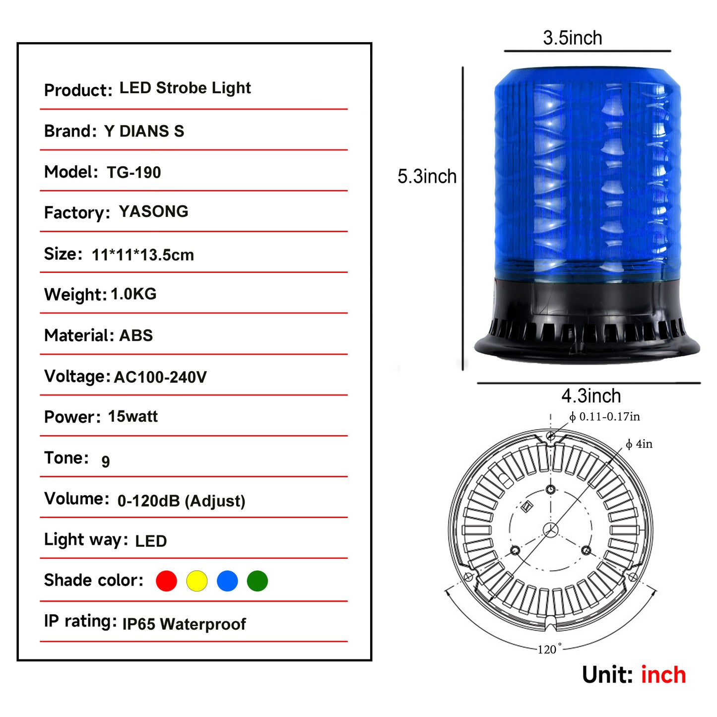 YASONG Beacon Strobe Light  4 Flashing Mode 120dB Horn 9 Tones LED  Emergency Lights with Magnet Base for Vehicles, Truck, Car and Workshop AC100V-AC240V