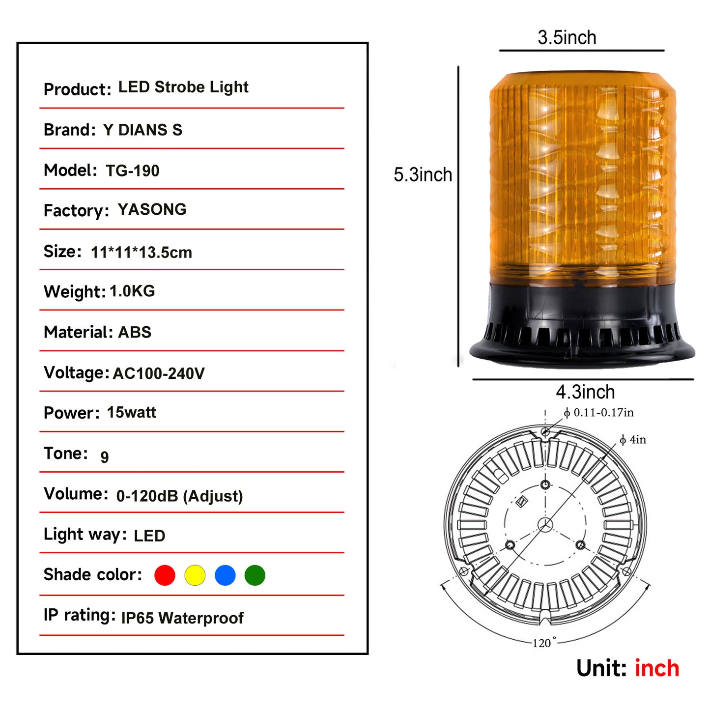 YASONG Beacon Lights 120dB Horn, 9 Tones, 4 Flash Modes Waterproof Emergency Strobe Lights for Vehicles, Truck, Car, Workshop DC10V-30V SLA-190