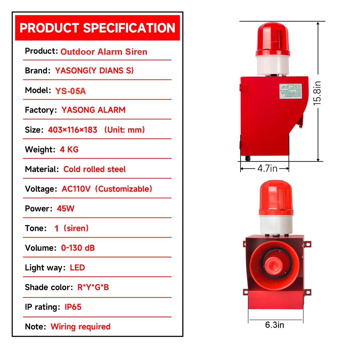 YASONG Alarm Siren Outdoor Industrial LED Siren Strobe IP65 Waterproof 130dB Horn 45W Security Siren for Noisy Environment Emergency Alarm Fire Tornado Alarm SLA-05A