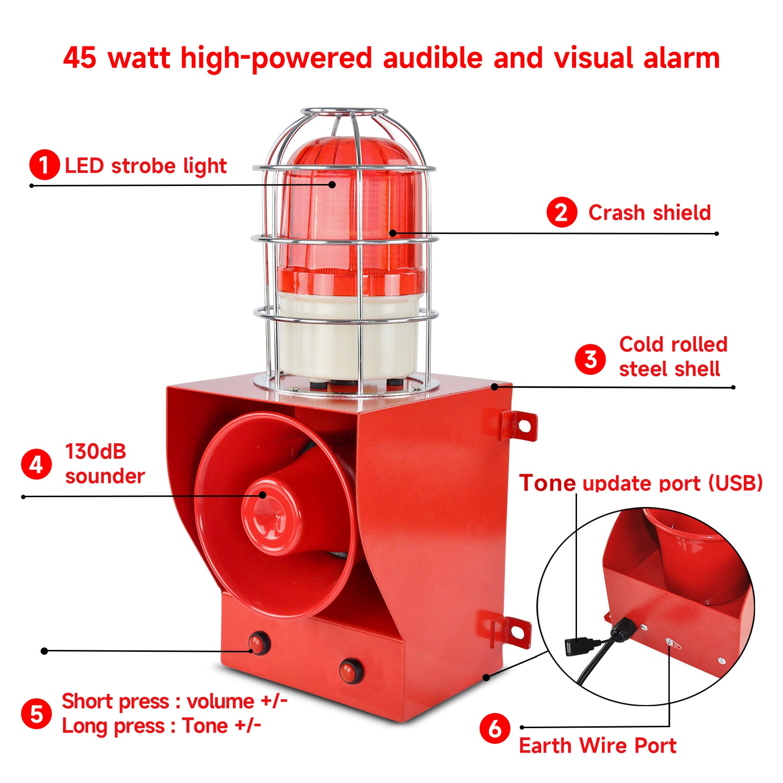 YASONG SLA-05C 130dB High Power Industrial Alarm Siren, Metal Guard, 45W, 12 Tones, IP65, LED Strobe