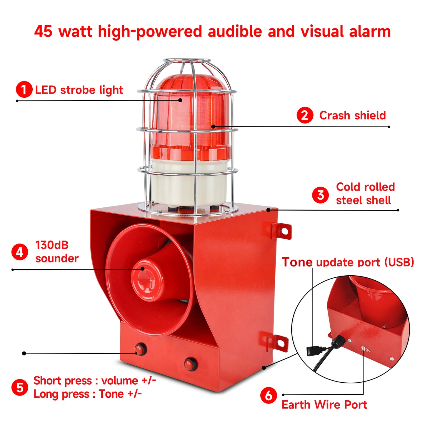 45W Alarm Siren with Metal Anti-Collision Mesh Cover, 0-130dB loud Horn 12 Tones Switchable, IP65 Waterproof LED Strobe Light for Factories, terminals, Security home Alarm SLA-05C