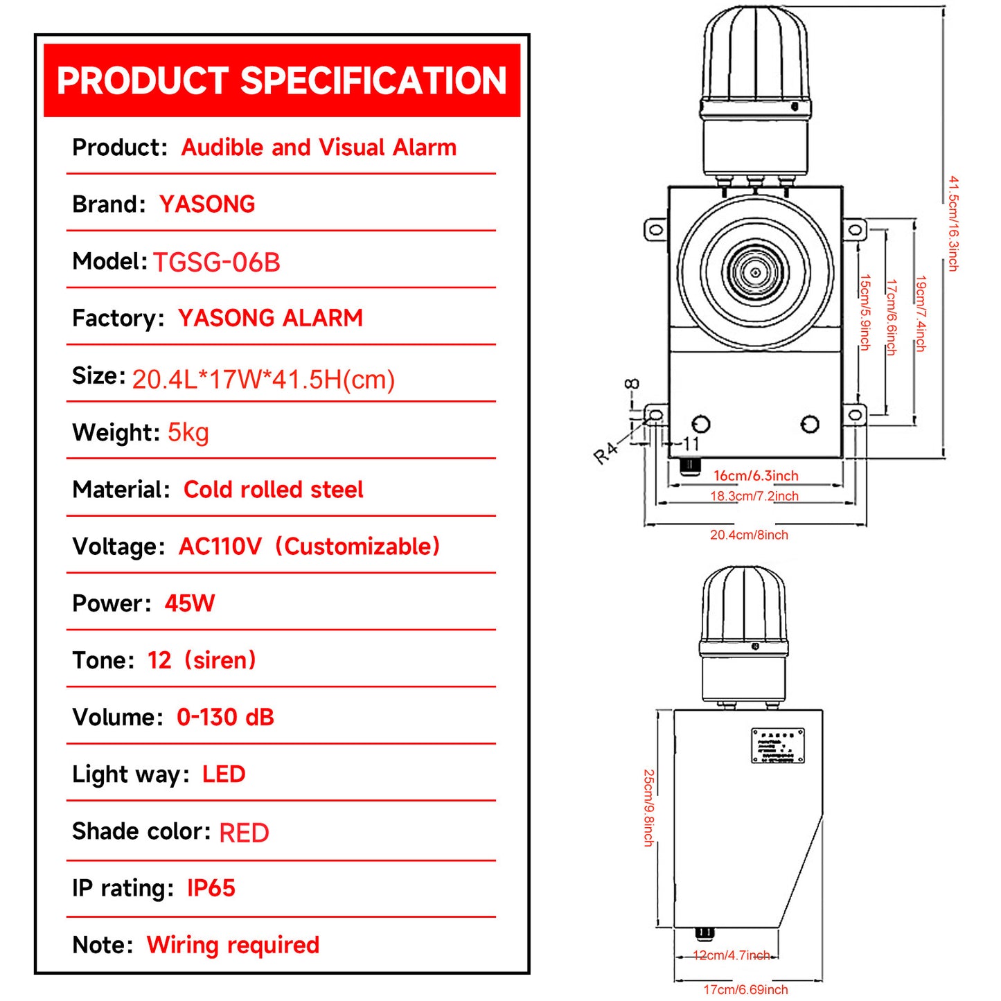 One Button Siren Alarm 130db Horn 12Tone Tornado Fire Alarm Siren Home Security Systerm Alarm Range of 150m-300m for Warehouse Factory Farm Harbor Dock SLA-06BZ