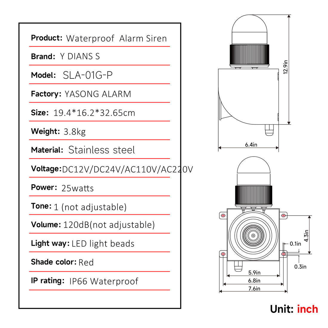 YASONG Sirène d'alarme extérieure en acier inoxydable IP66 étanche 120 dB Sirène de sécurité avec lumière stroboscopique pour usine, bateau, port SLA-01G-P